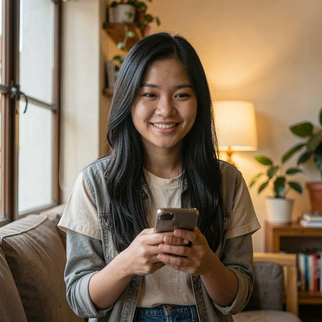 Young Filipino woman smiling while using the T988 mobile casino app on her smartphone in a comfortable indoor setting