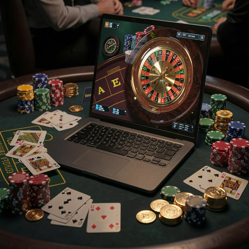 T988 – Play immersive online casino games anytime in the Philippines Stylish online roulette scene on a laptop with stacked casino chips and playing cards highlighting immersive gameplay at T988 for Philippine users