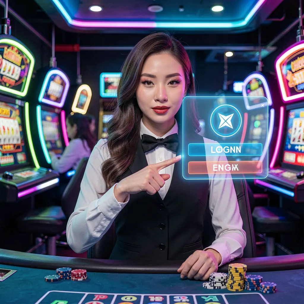 T988 Login – Fast and smooth account access for players in the Philippines Confident casino dealer pointing at a glowing login button in a modern digital casino environment representing easy access to T988 in the Philippines